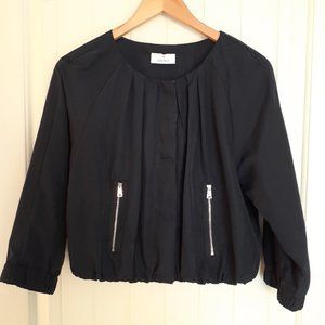Motivi Pleated Cropped Snap Front Jacket With Zip Pockets Navy Size 10